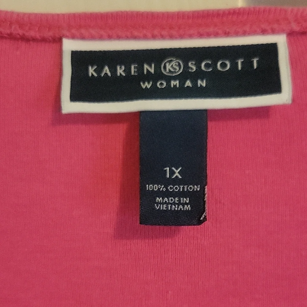 Karen Scott Sz1X 100% Holiday cotton Pink Lg Sleeve Top with Glitter Heart Motif - Picture 2 of 4